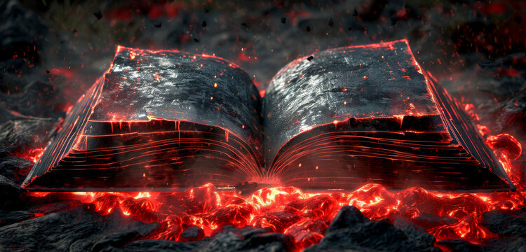 An enchanted open book with pages aglow with molten lava.