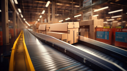Fototapeta premium A view of cardboard boxes being classified and moving along a conveyor belt inside a warehouse for picking and final delivery.