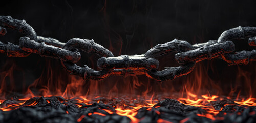Chains over a fiery lava crack in a grunge texture. - obrazy, fototapety, plakaty