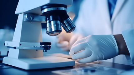 Scientist hands with microscope close-up shot in the laboratory