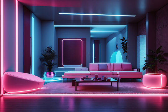 Interior of a room with neon lighting and 3D rendering design.