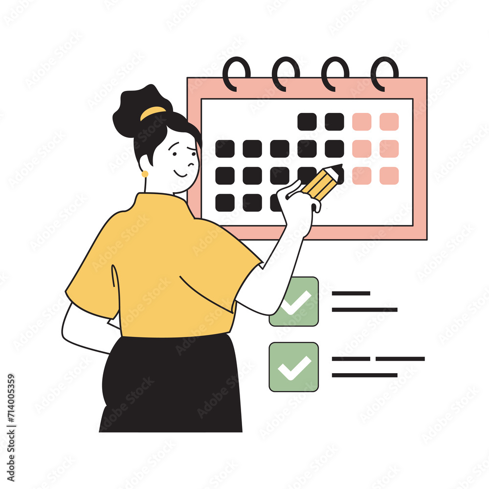 Poster time management concept with cartoon people in flat design for web. woman planning staff workflow an