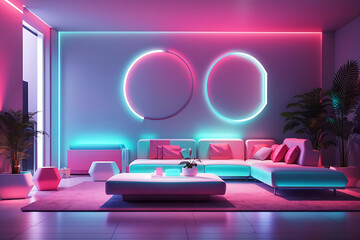 Interior of a room with neon lighting and 3D rendering design.