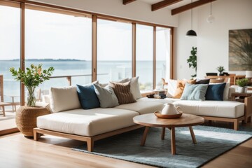 Interior home design of modern living room with rustic wooden chairs and table with panoramic windows in coastal seaside villa
