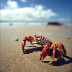 Skillful Crab Scuttling on Sandy Beach - obrazy, fototapety, plakaty