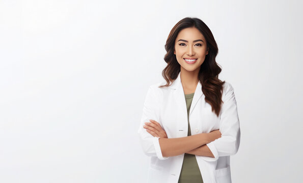 Portrait of young Asian female doctor nutritionist on white background, Closeup, Copy space