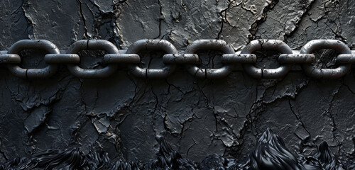 Sturdy metal chains on a dark grungy cracked rock textured backdrop.
