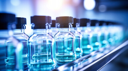 Row of Glass Bottles on Counter. Bottles with medicines on the conveyor. Selective focus. Close-up.