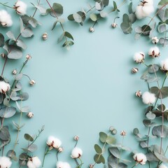 Cotton and Eucalyptus Blossoms: Floral Composition on Pastel Blue Background