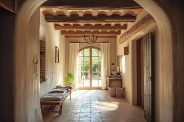 Fototapeta na wymiar Rustic Farmhouse Hallway: Timber Beams and Arched Ceiling in Mediterranean Style Entrance