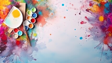 Flat Lay Creative composition of bright colors and brushes on canvas