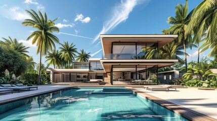 Fototapeta na wymiar Luxurious Cubic Villa with Pool and Palm Trees - Modern Minimalist Architecture for Vacation and Relaxation