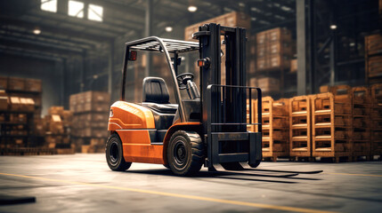 Forklift in a warehouse. Lifting and moving loads.