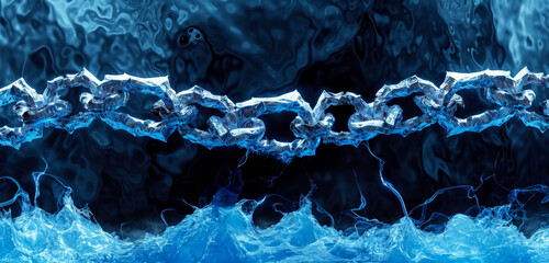 Metallic chains floating over deep blue water, with a fluid texture. - obrazy, fototapety, plakaty