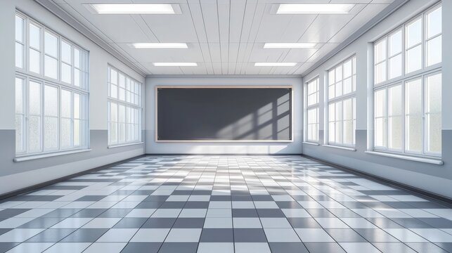3d rendering of classroom background. Empty room interior in school, university or college. And board or blackboard, white ceramic tile floor in perspective for teacher, student to teach and learn   
