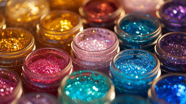 a close up of many jars filled with different colors of glitter and gold rimmed jars filled with different colors of glitter and gold rimmed gold rimmed jars   