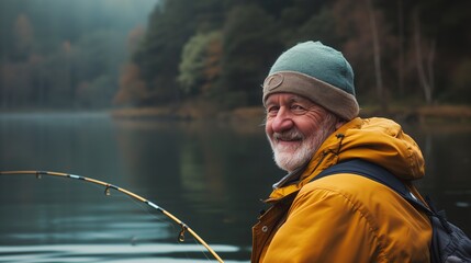 An elderly man with a warm smile fishing on a serene lake during autumn