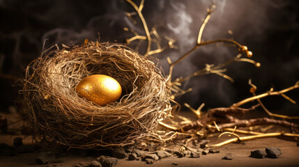Bird Nest With Two Golden Eggs - Symbolic Image of Resurrection and New Life - obrazy, fototapety, plakaty