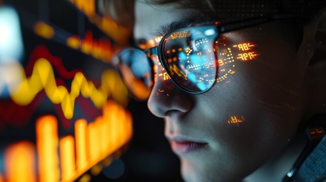 A young man with a serious look analyzes the financial market. Diagrams and numbers Projected on His Face and Reflecting in Glasses    