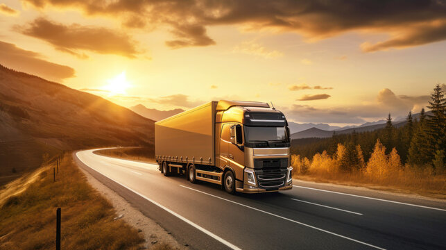 Stunning image of a semi-trailer driving down the highway during sunset. This painting captures the beauty of the golden hour and the feeling of movement on the road. Road transportation concept.