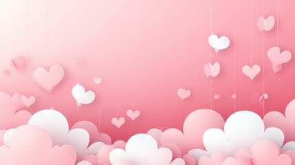 Horizontal banner with pink sky and paper cut clouds. Place for text. Happy Valentine's day sale header or voucher template with hearts. Rose cloudscape border frame pastel colors.