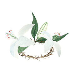 Watercolor crown of thorns and lilies for Easter, holy Thursday, religious illustration isolated on white