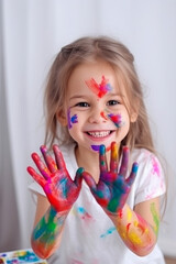 5 year old funny little girl smiles and shows her hands with colored paints after an afternoon of drawing and painting. Learning.