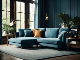 Interior of living room with blue sofa 3d rendering design.