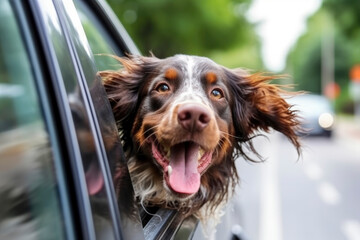 Happy dog sticking his head out of an open car window and stuck out his tongue. Its fur flutter in the wind as they travel down the road.