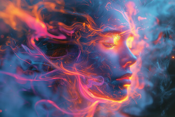 Visage sortant de la fumée multicolore, image de l'éveil spirituel, du new age, phénomène paranormaux et énergétiques, éveil spirituel