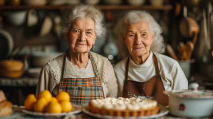 Grand-mères cuisinières qui font de la pâtisserie, une tarte au citron meringuée, ensemble pour le goûter - obrazy, fototapety, plakaty