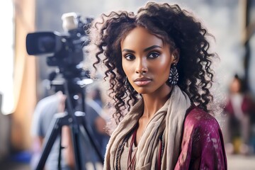 African actress in backstage concentration before filming