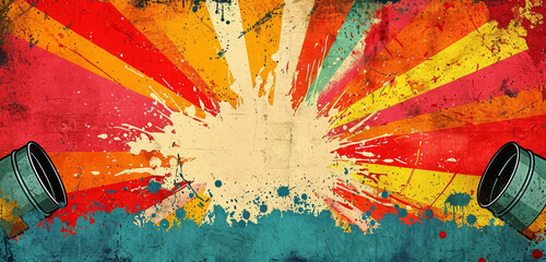 Colorful paint splatters from cannons creating an explosive grunge art on the wall.