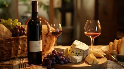 A basket with luxurious wines and cheeses