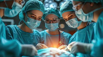 Doctors are performing surgery on a patient in a hospital operating room filled with modern equipment.