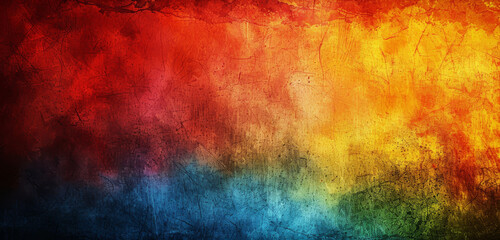 Vibrant grunge texture blending red, yellow, and blue hues with abstract splashes. - obrazy, fototapety, plakaty
