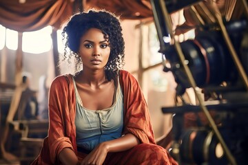 African actress in backstage concentration before filming