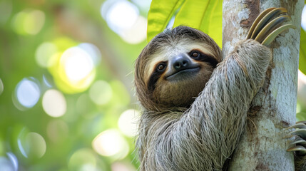 Fototapeta premium Smiling Sloth Clinging to a Tree in Lush Greenery