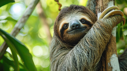 Smiling Sloth Clinging to a Tree in Lush Greenery