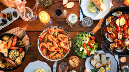 Gourmet Seafood Feast on Rustic Wooden Table - Dining Experience