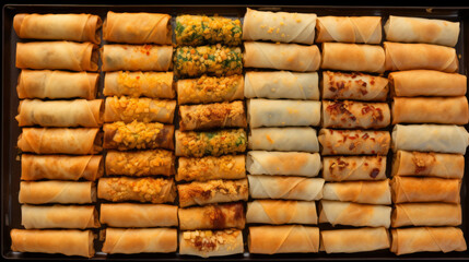 A tray of golden and crispy spring rolls, filled with a variety of savory fillings, a popular snack during Ramadhan