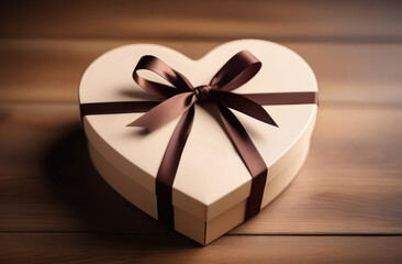 A beige heart-shaped box tied with a brown bow with sweets inside. Romantic, birthday, anniversary - Powered by Adobe
