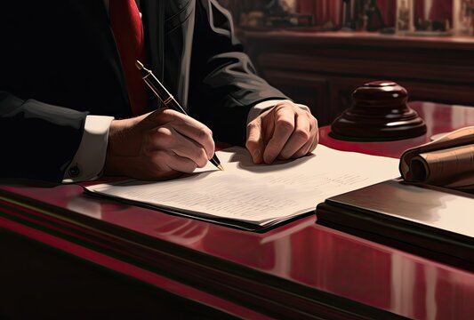 A lawyer confidently signing a contract, reflecting assurance and professionalism in the legal process.