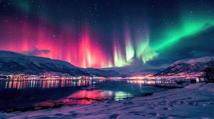 Spectacular Northern Lights over Snowy Landscape and City