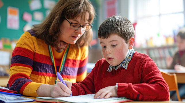 Supportive Learning Environment - Teacher Assisting Boy with Down Syndrome in Classroom