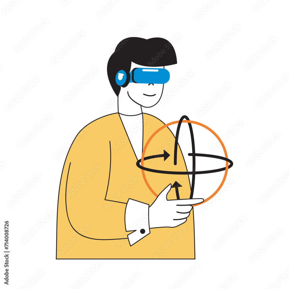 Aufkleber Virtual reality concept with cartoon people in flat design for web. Man in VR headset interacting with 360 degrees arrow rotate around. Vector illustration for social media banner, marketing material.