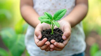 Naklejka na ściany i meble Child Holding a Young Plant in Soil – Symbol of Growth and Environmental Care