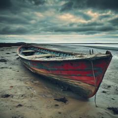 Sandy Solitude: Forsaken Boat on Weather-Beaten Shore