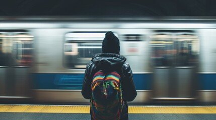 Person Standing on Subway Platform as Train Passes By in Blur