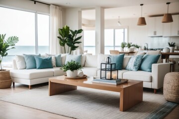 Interior home design of modern living room with rustic wooden sofa and table with panoramic windows in coastal